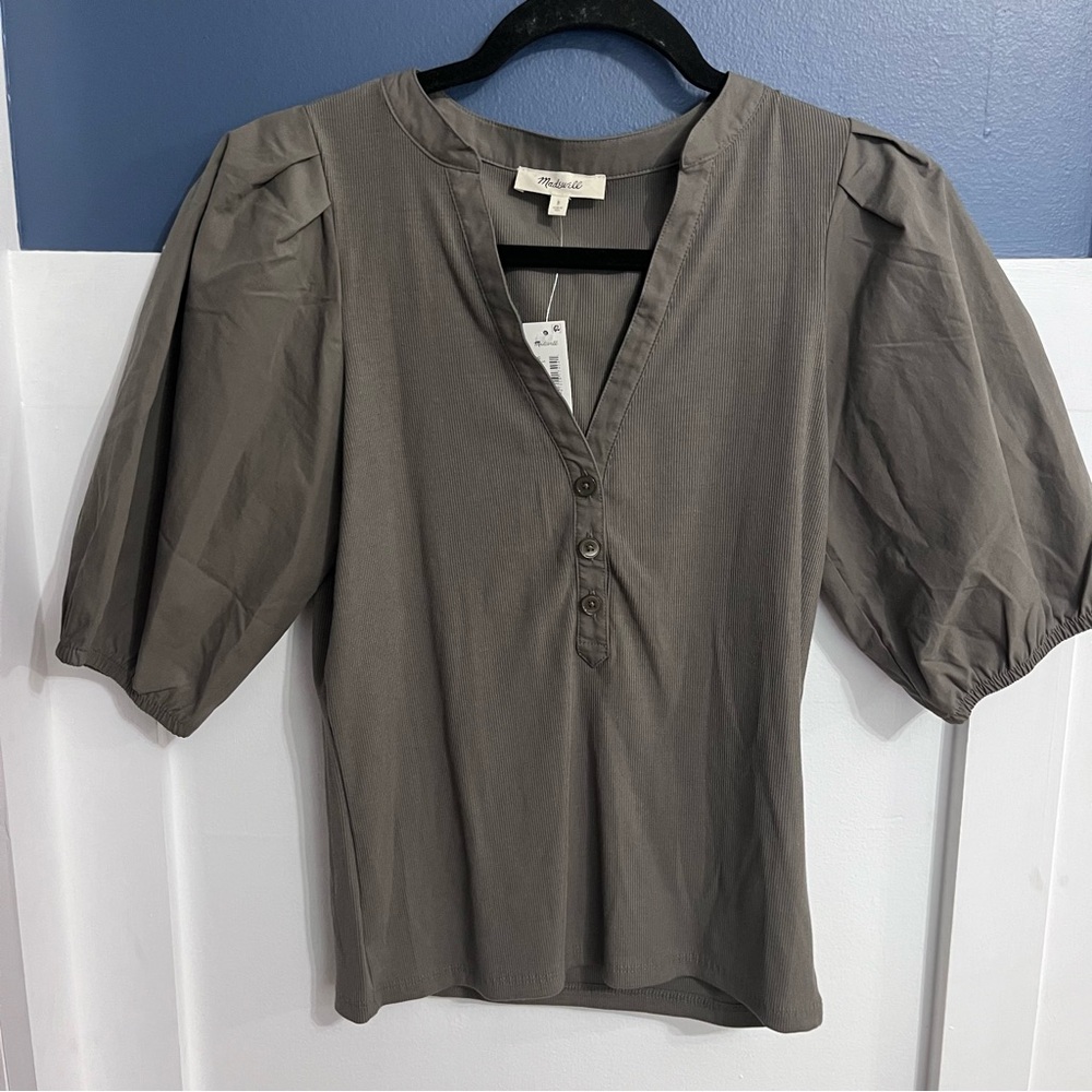Madewell Olive Peasant Vneck White Size Small Boho Cottagecore Puff Sleeve NWT